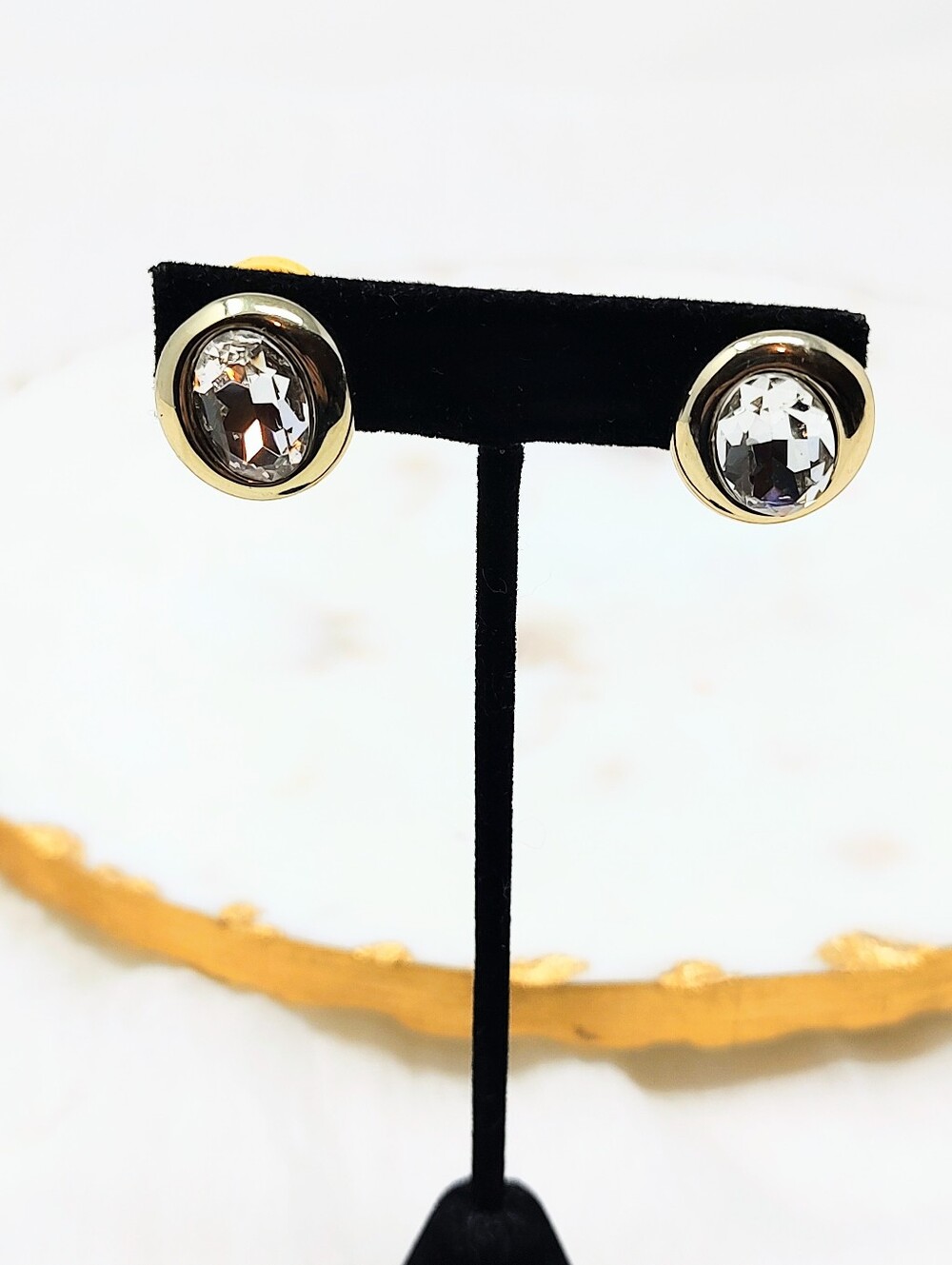 Chico's Oval Gold And Crystal Rhinestone Clip-on Earrings